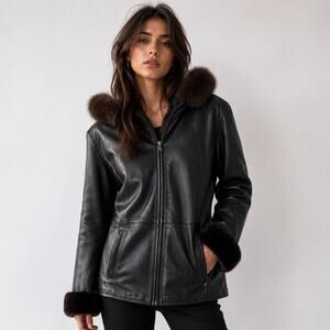 Marc New York Andrew Marc Leather Coat Large Black Fox Fur Hood Faux Fur Lined